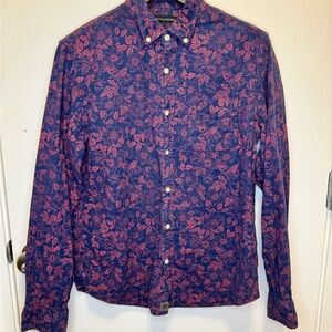 Men's Cotton Button-Down Shirt in Navy with Pink Floral Print By Banana Republic